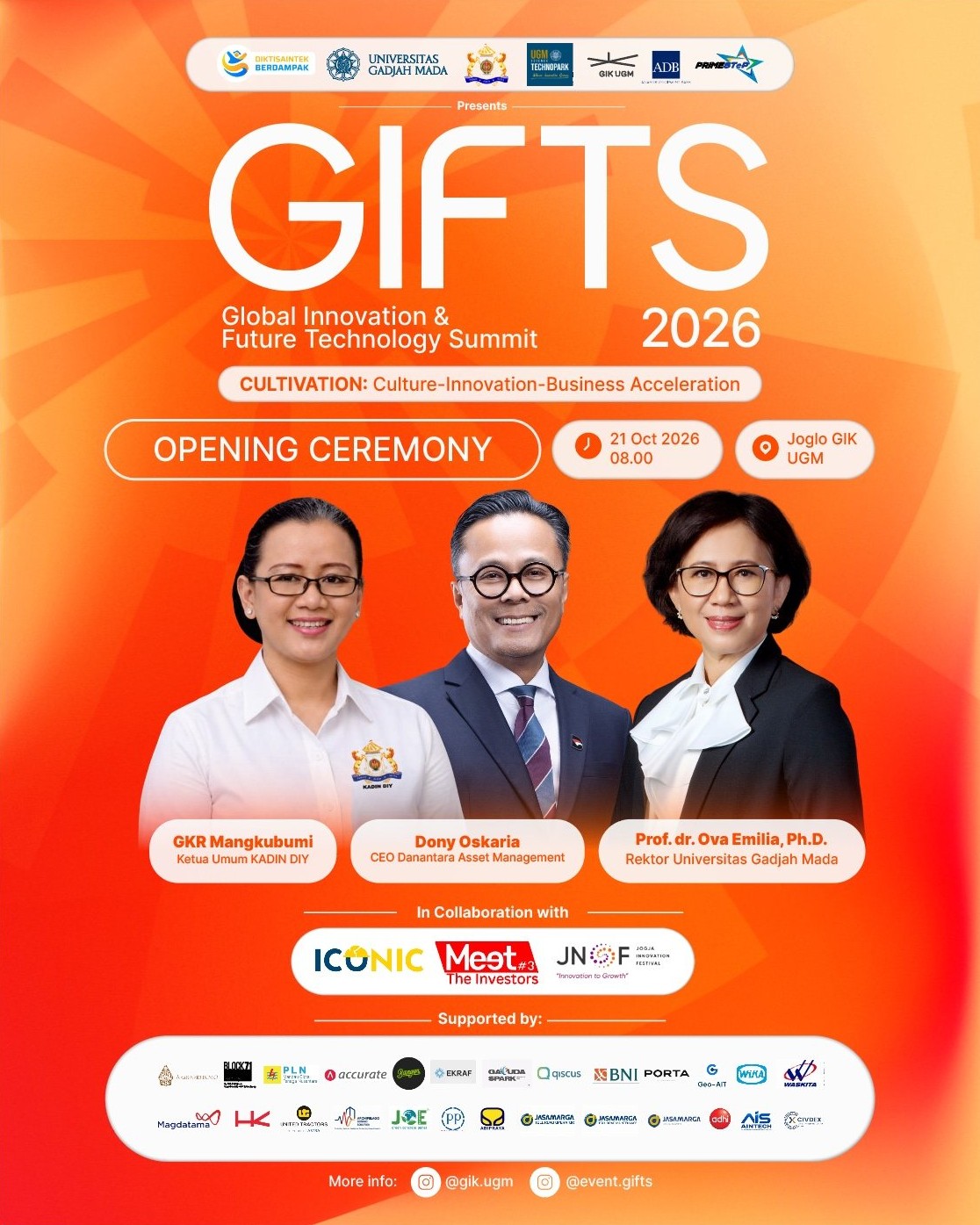 Poster of the GIFTS 2026 (Global Innovation & Future Technology Summit) Opening Ceremony: 21 October 2026, 08.00, Joglo GIK UGM, with GKR Mangkubumi, Dony Oskaria and Prof. dr. Ova Emilia, Ph.D.